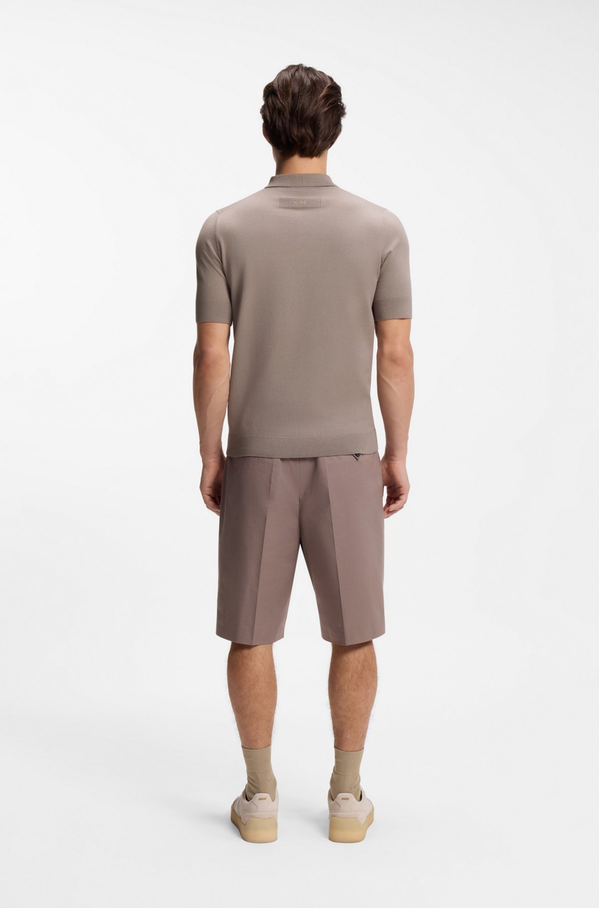 Knit polo with covered placket, Light Brown