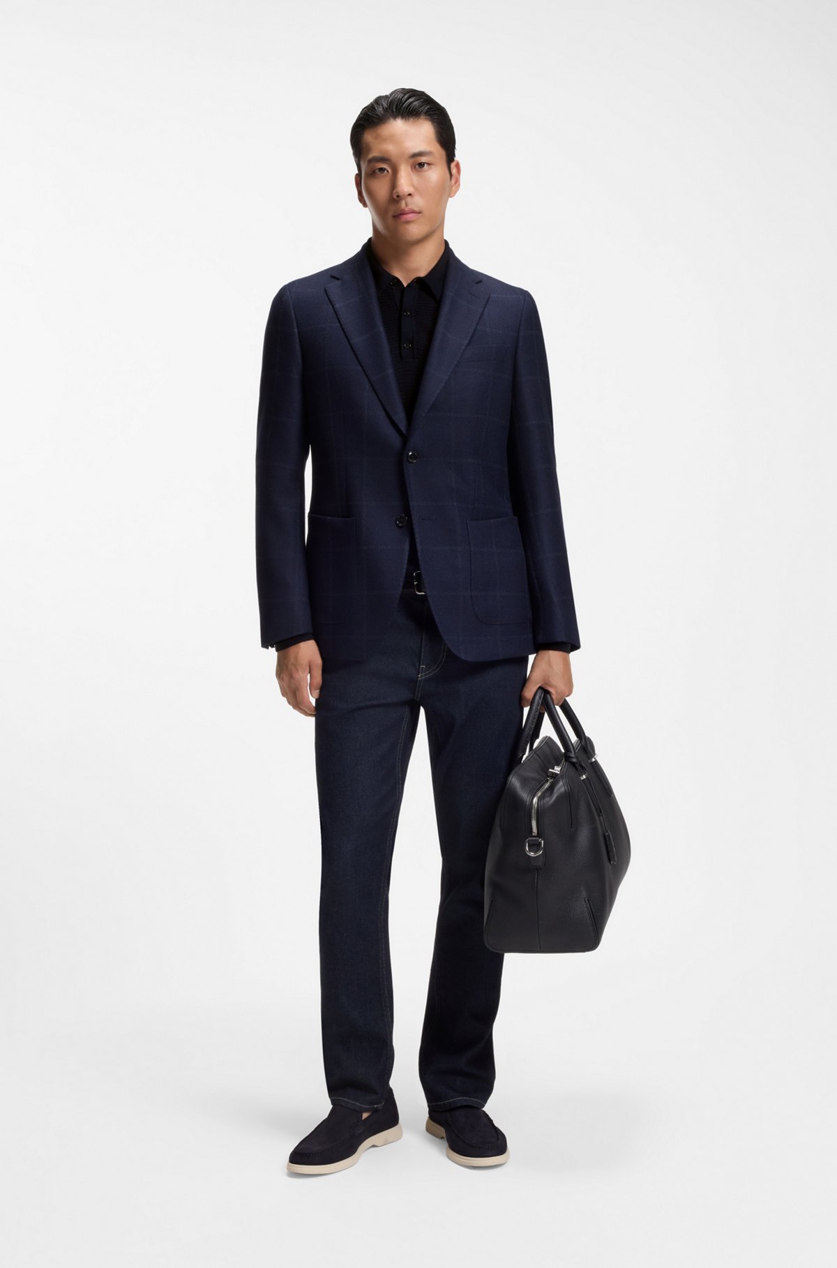 Mixed-structure knit polo in a wool blend, Dark Blue