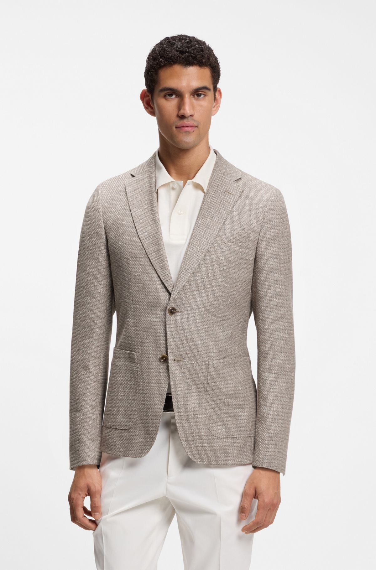 Slim-fit blazer in a patterned virgin-wool blend, Beige