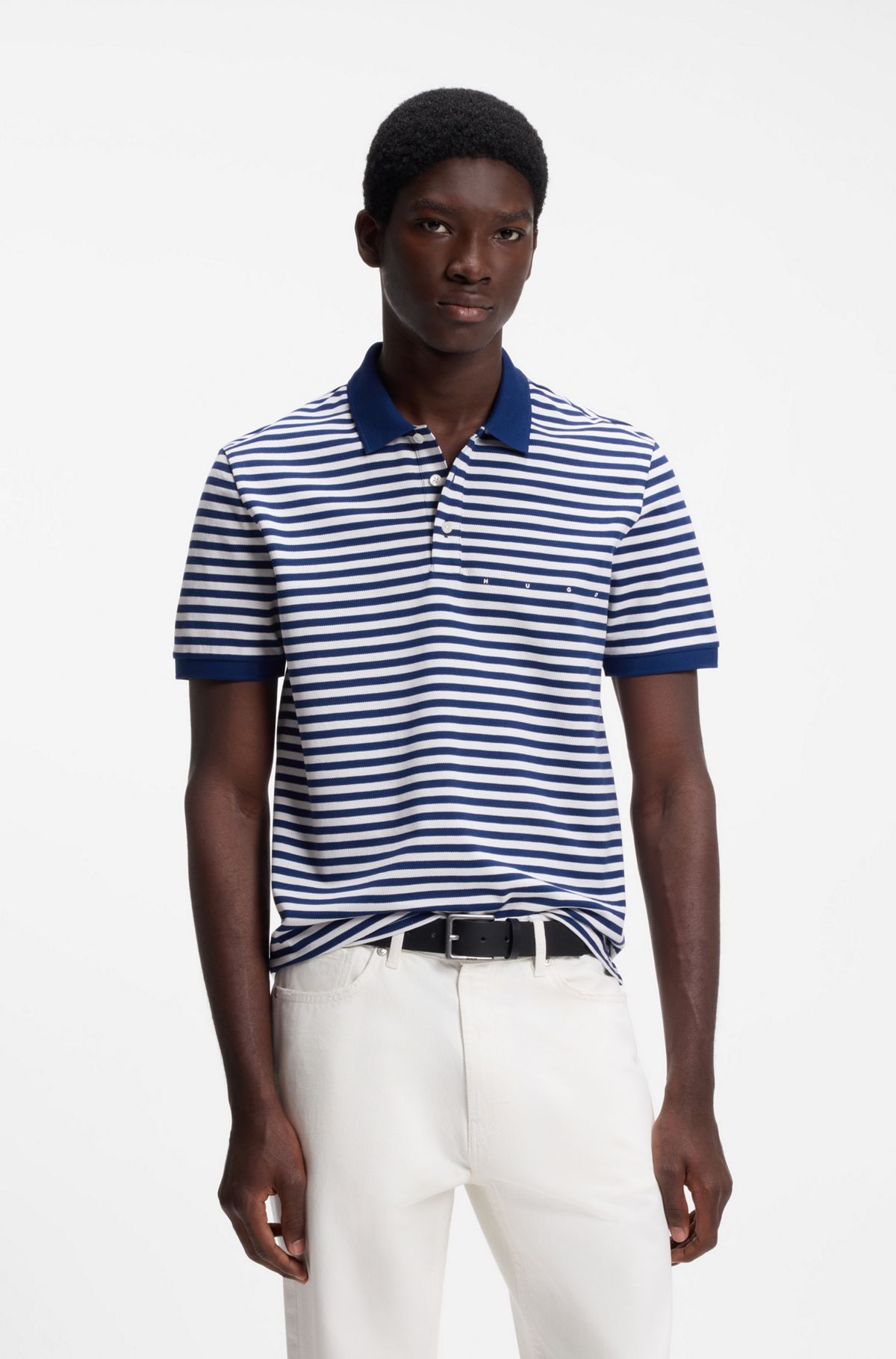 Cotton-piqué polo shirt with horizontal stripe, White / Blue