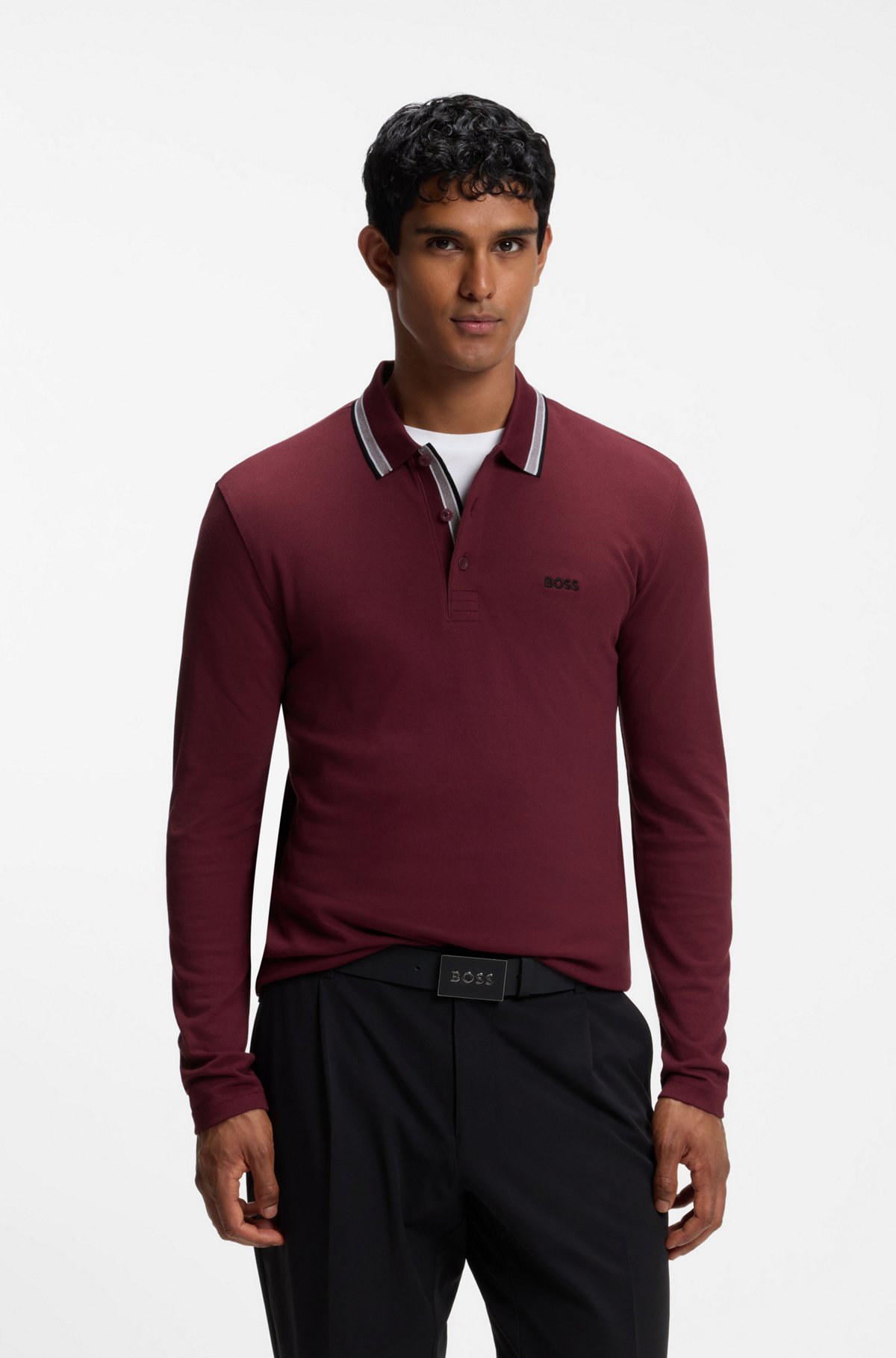 Long-sleeved cotton piqué polo shirt, Dark Red