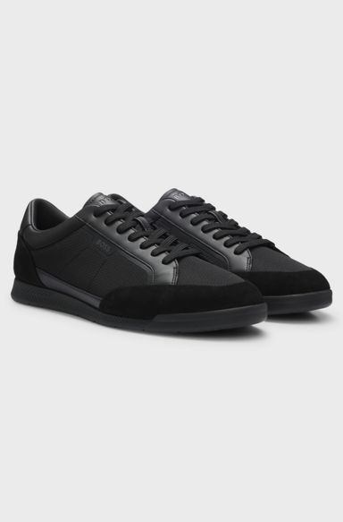 Mixed-material trainers with stitched detailing, Black