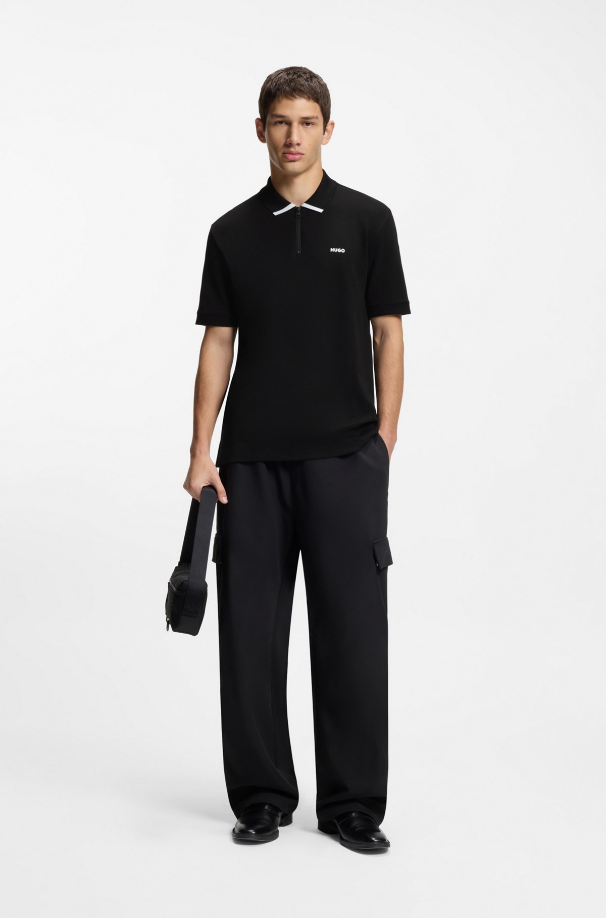 Cotton piqué polo shirt with zip neckline, Black