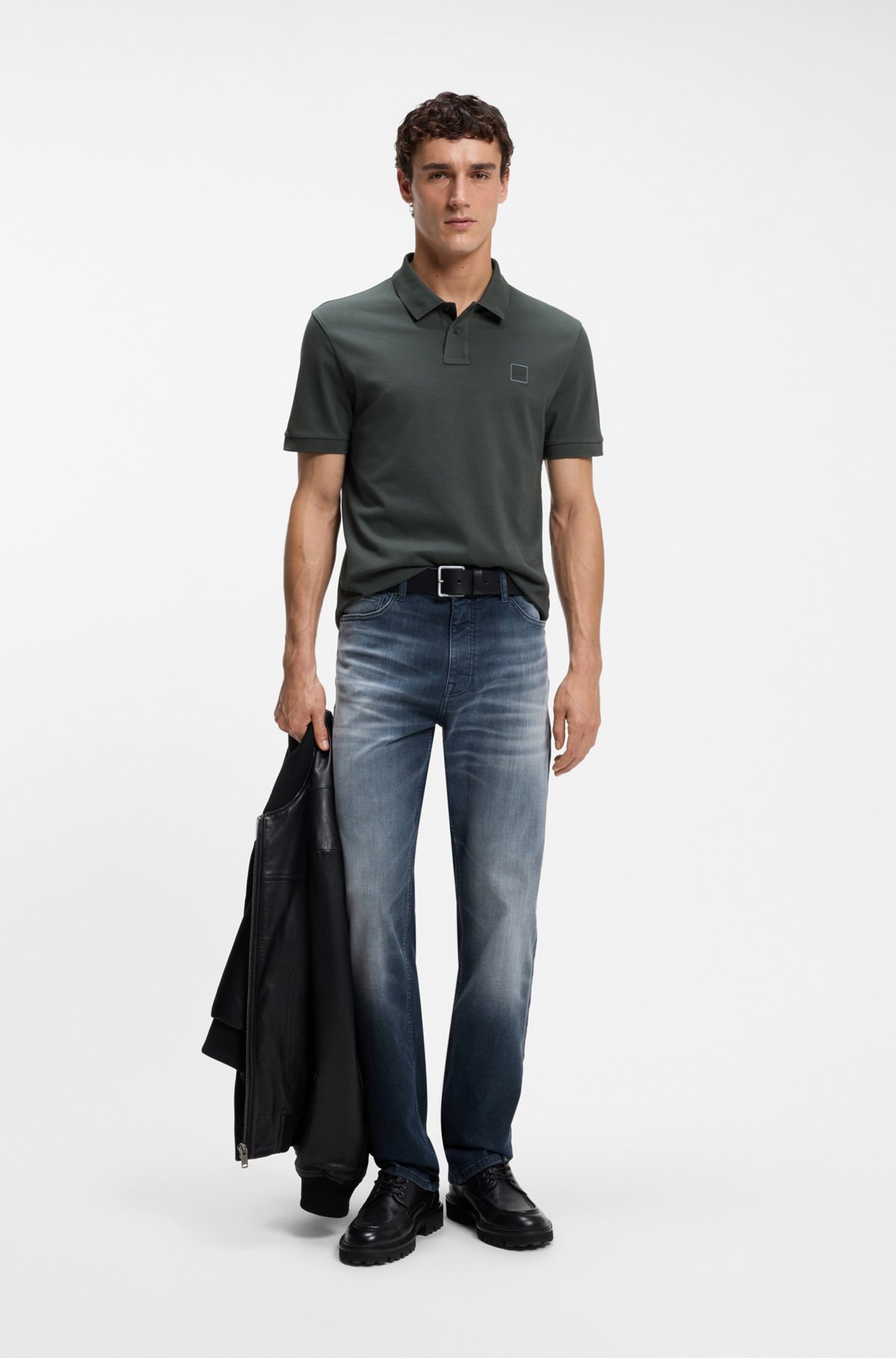 Stretch-cotton slim-fit polo shirt with logo patch, Dark Green