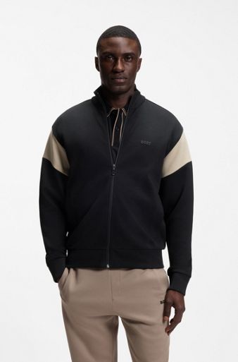 Zip-up cotton-blend sweatshirt with contrast inserts, Black