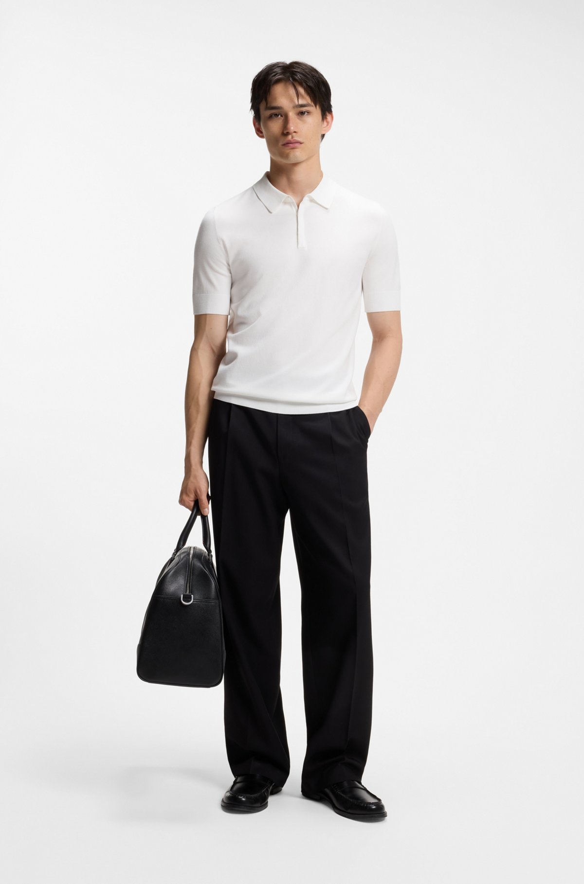 Knit polo with covered placket, Natural