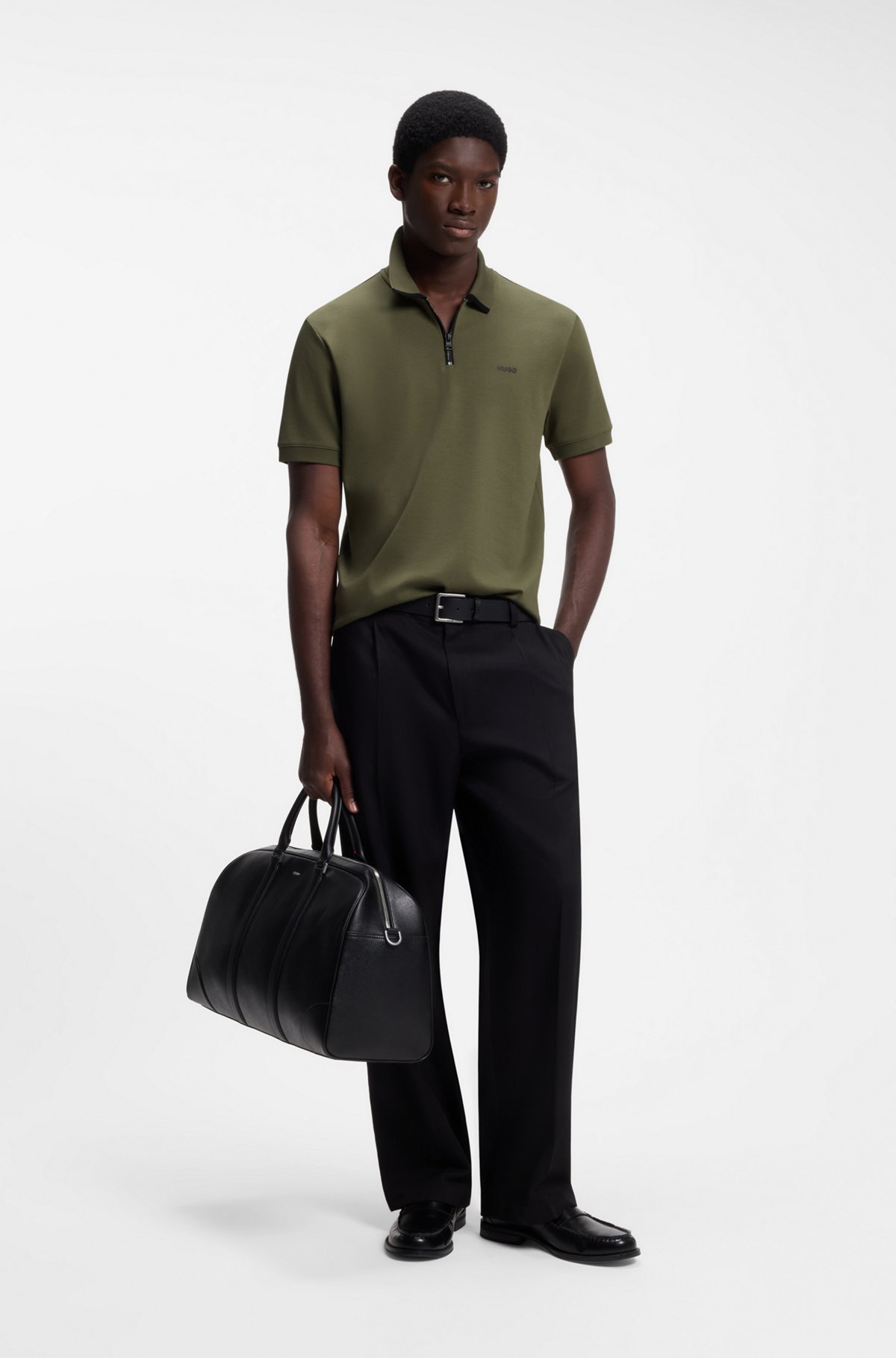 Cotton piqué polo shirt with zip neckline, Dark Green