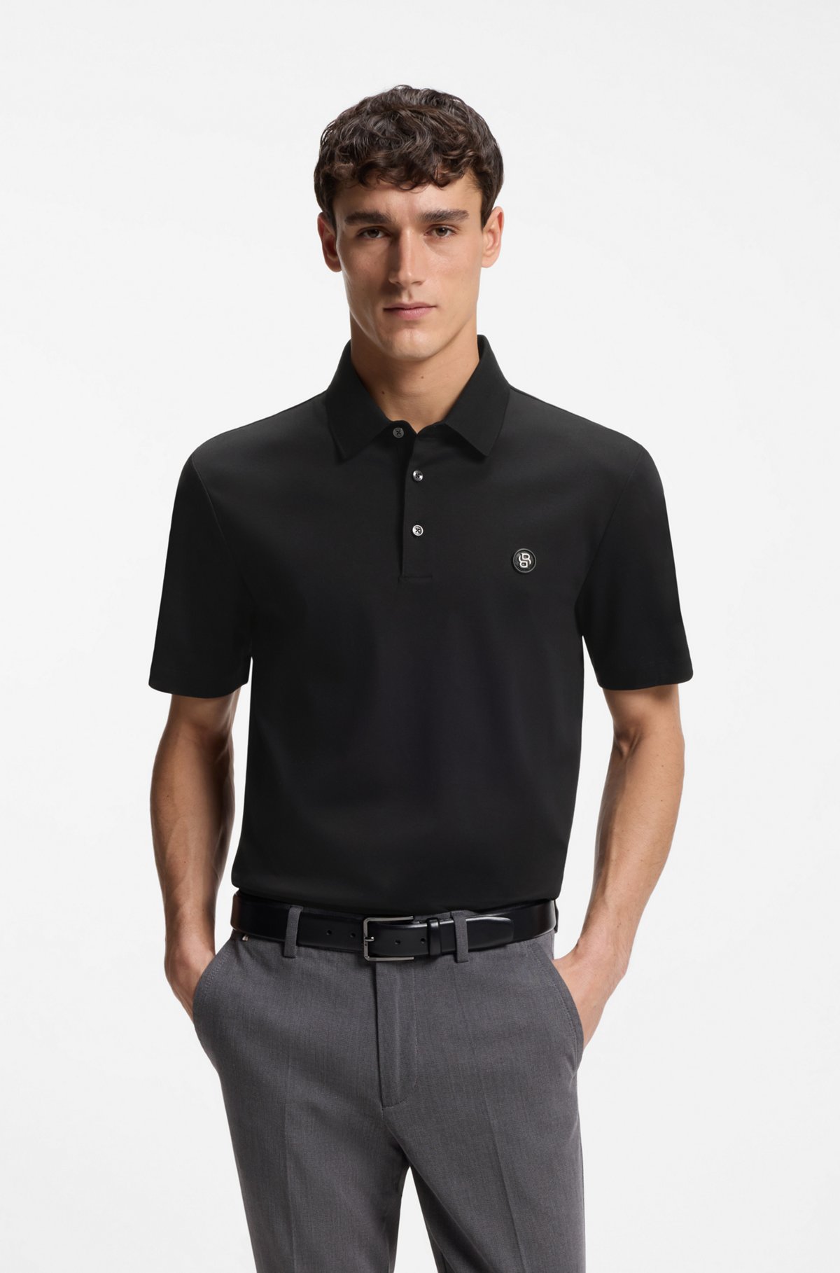 Polo shirt in mercerised cotton with Double B monogram, Black
