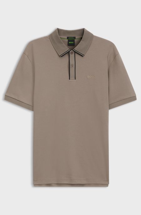 Striped-trim polo shirt in interlock cotton, Light Brown