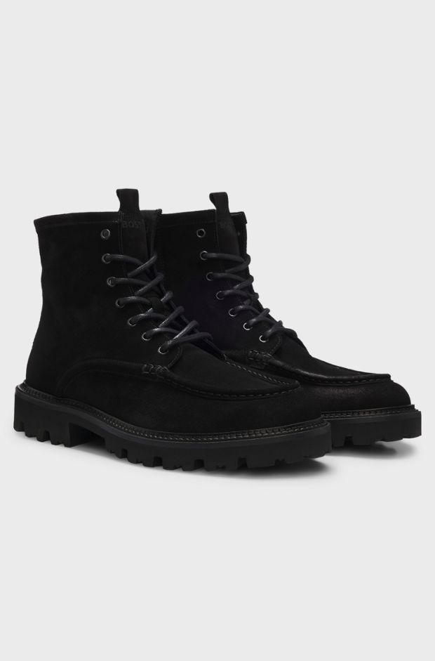Lace-up boots in suede with side zip, Black