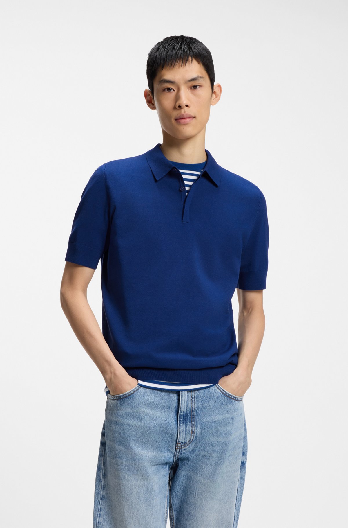 Knit polo with covered placket, Blue