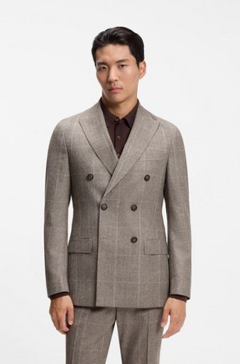 Slim-fit blazer in checked virgin wool, Brown Patterned