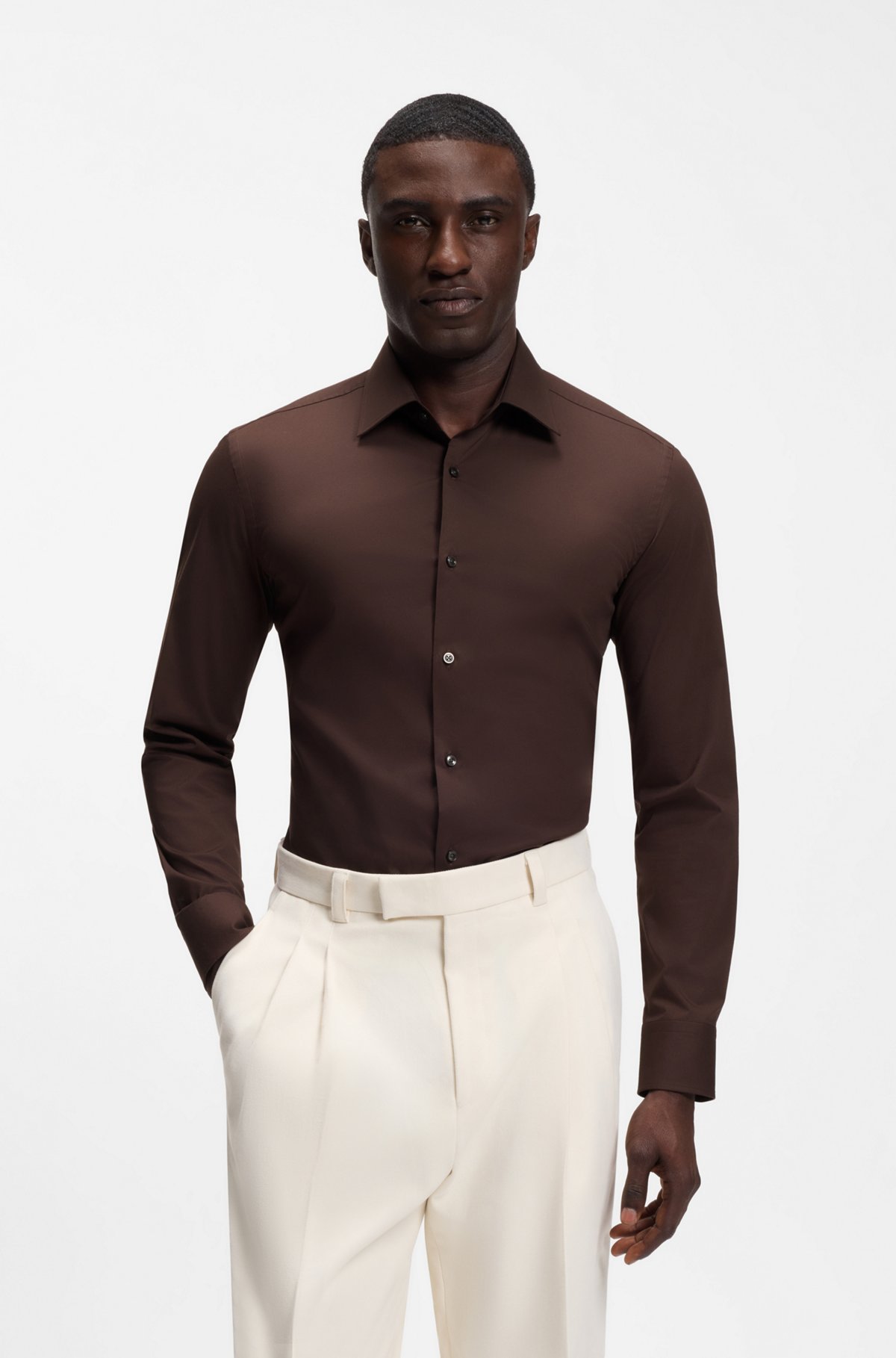 Slim-fit stretch-cotton shirt, Dark Brown