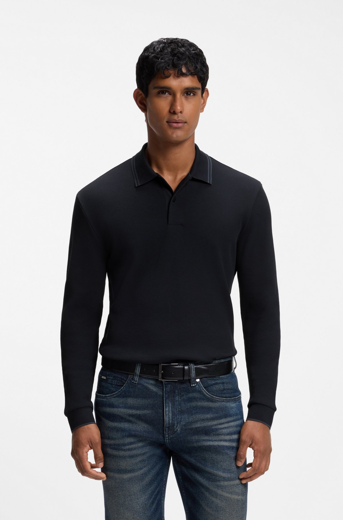 Waffle-structure polo shirt in stretch cotton, Dark Blue