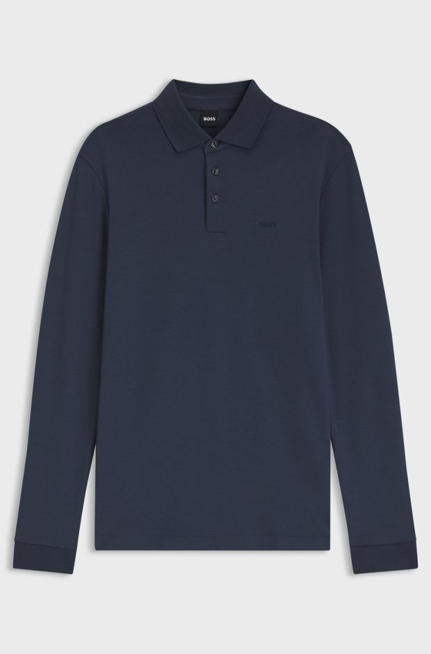Long-sleeved polo shirt in interlock cotton with logo, Dark Blue