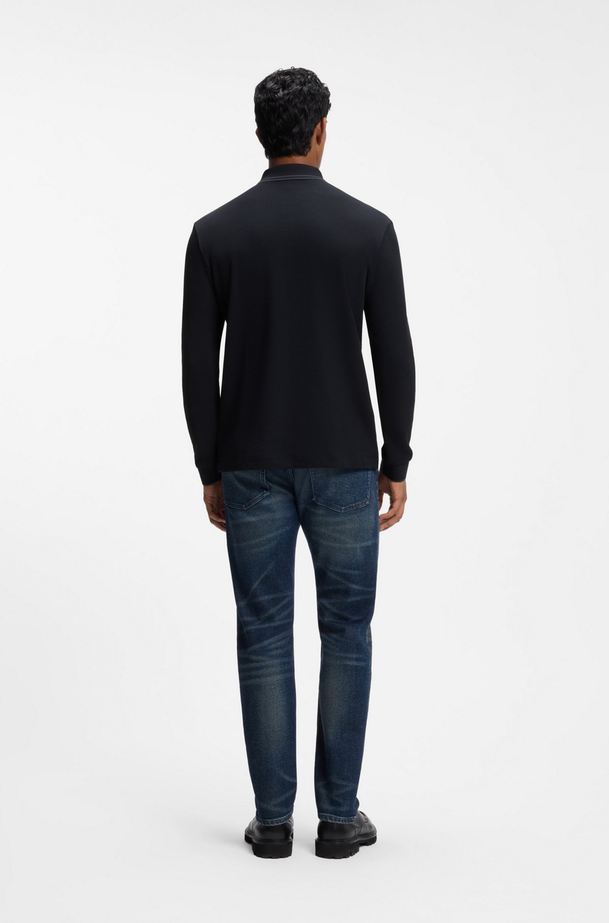 Waffle-structure polo shirt in stretch cotton, Dark Blue