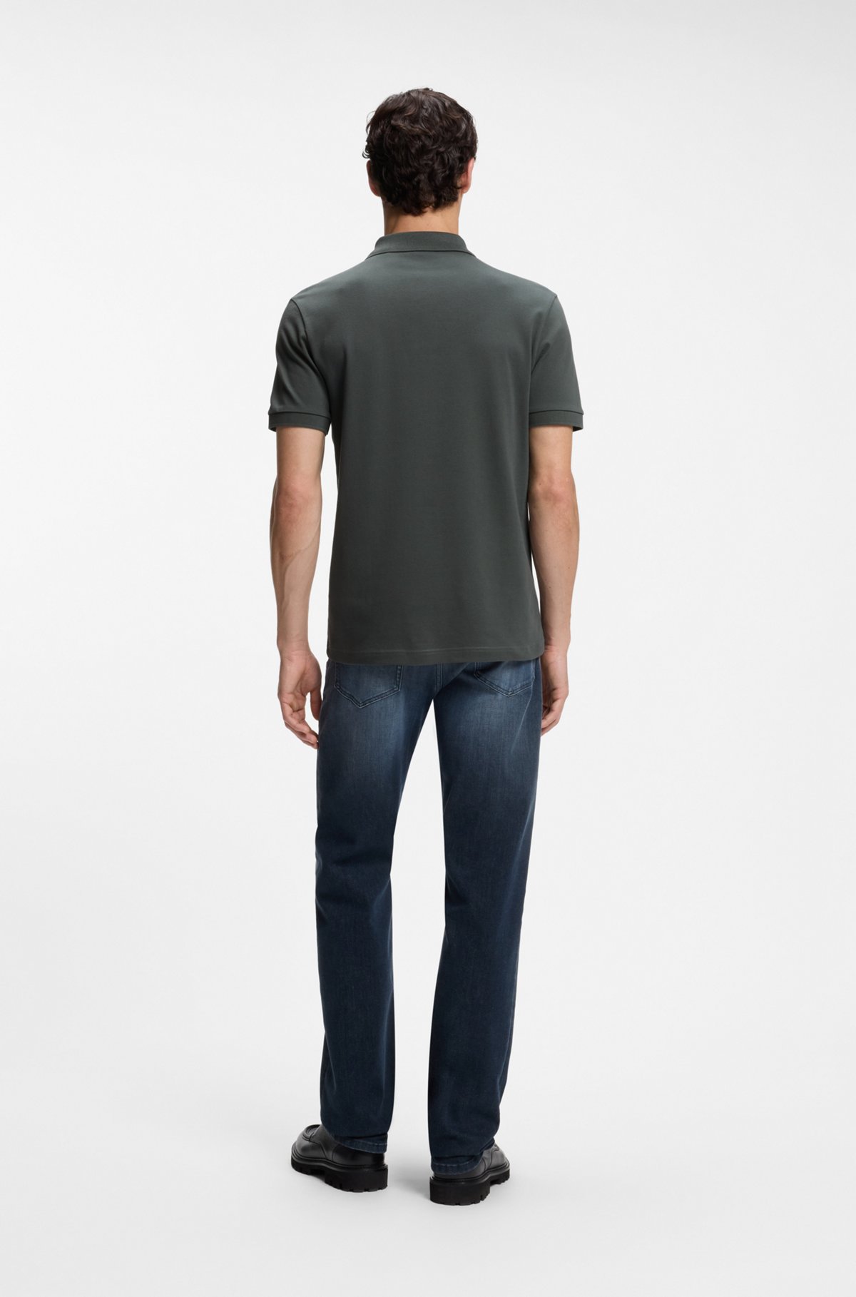 Stretch-cotton slim-fit polo shirt with logo patch, Dark Green