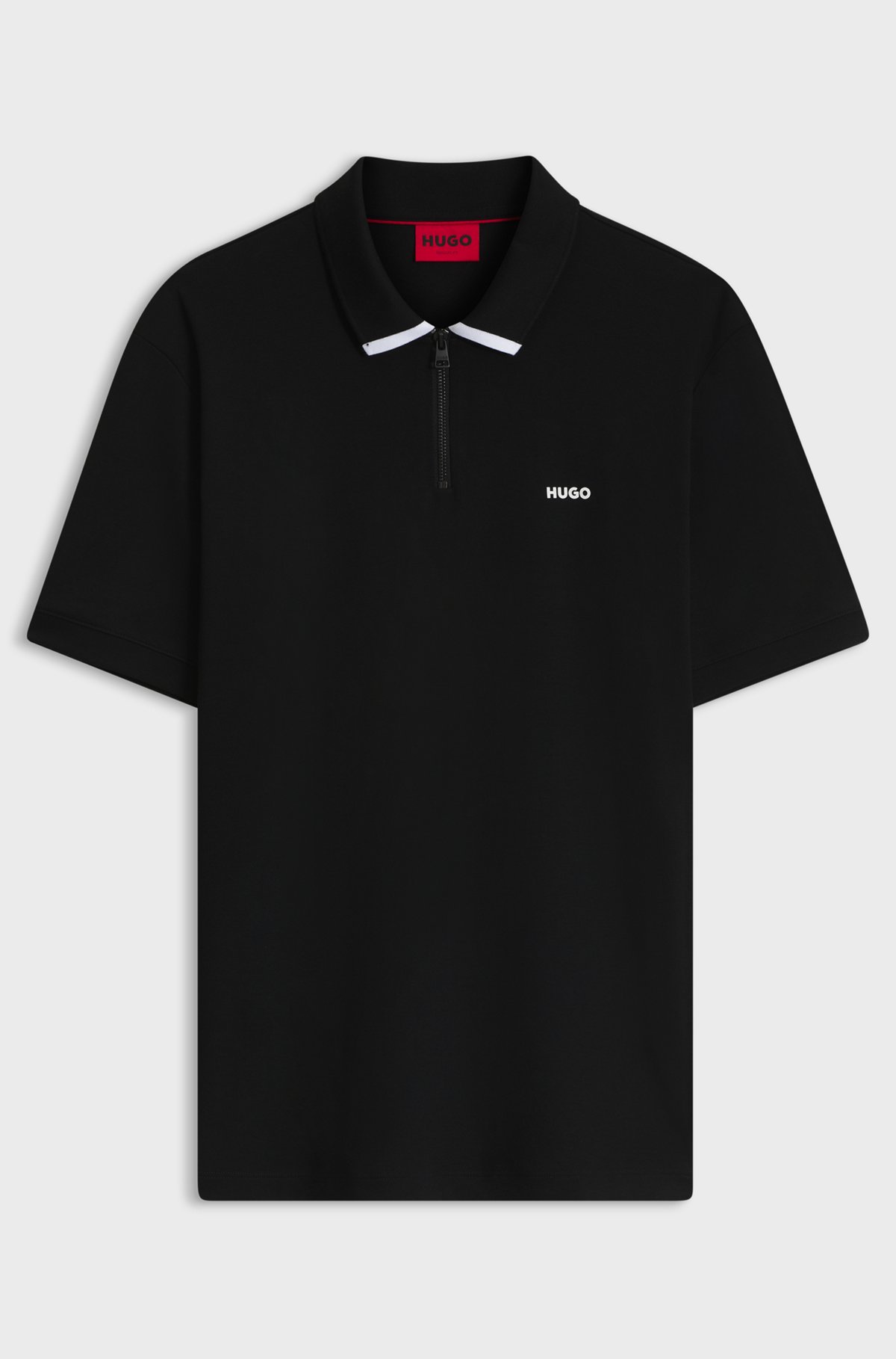 Cotton piqué polo shirt with zip neckline, Black