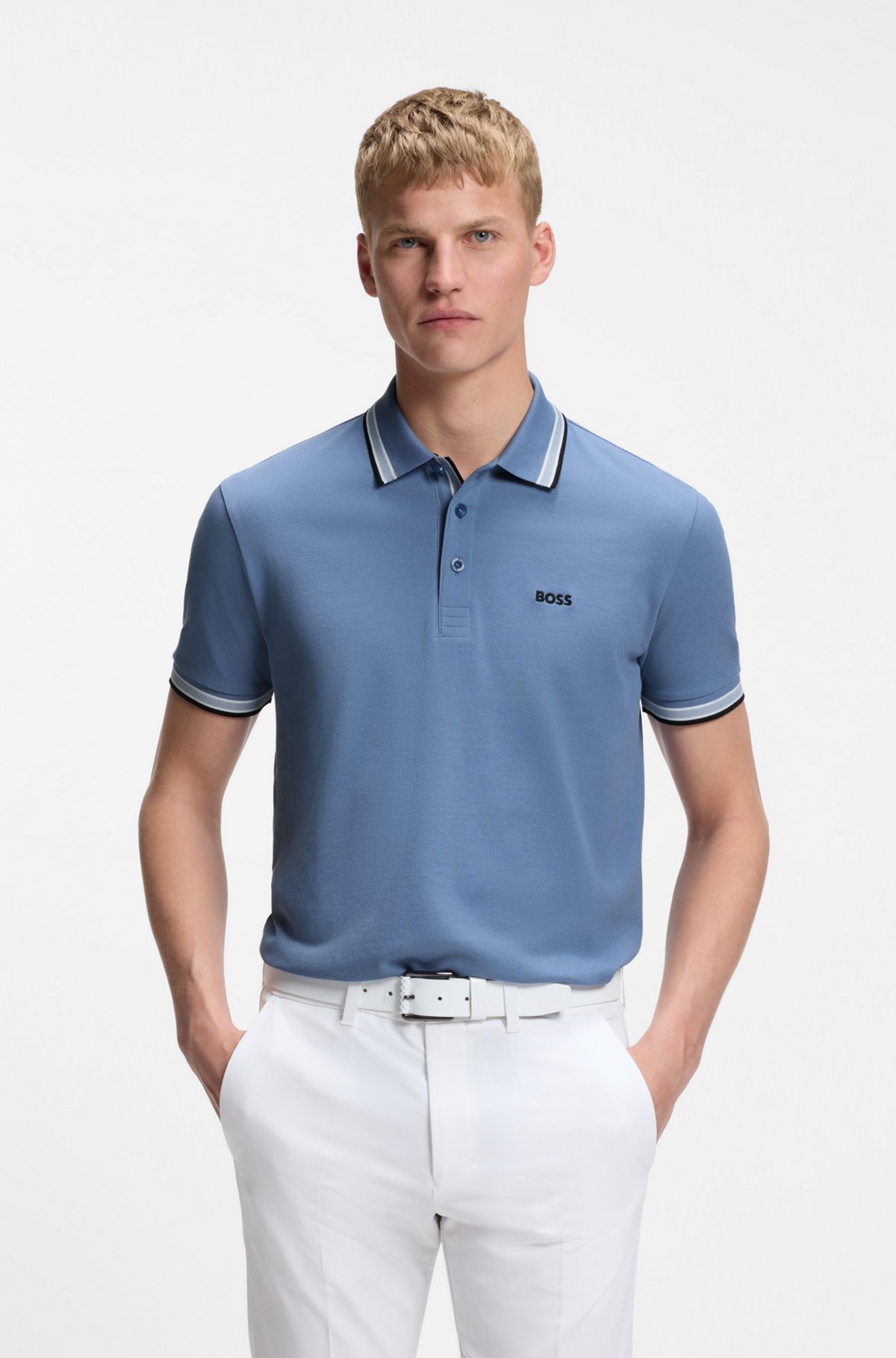 Cotton piqué polo shirt with logo details, Blue