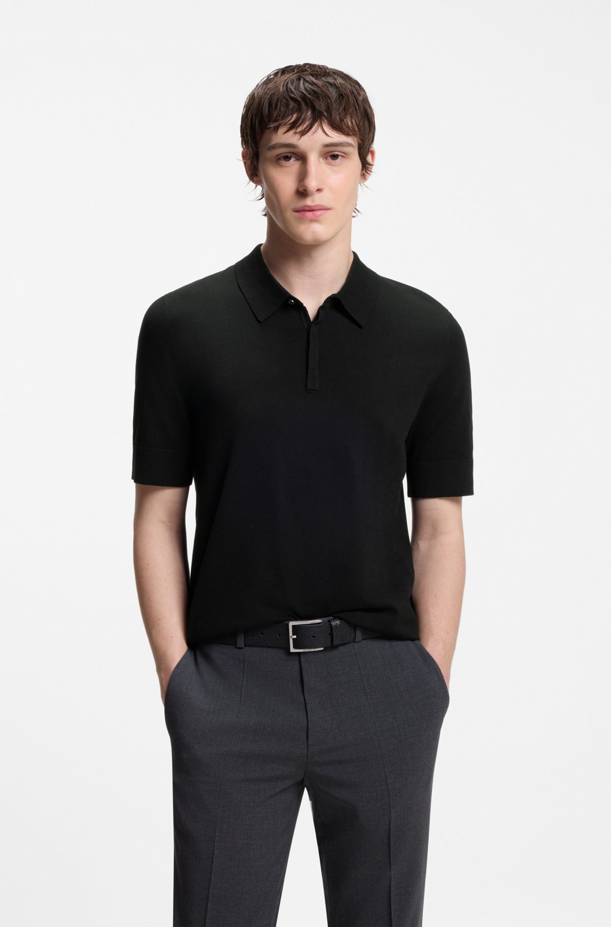 Knit polo with covered placket, Black