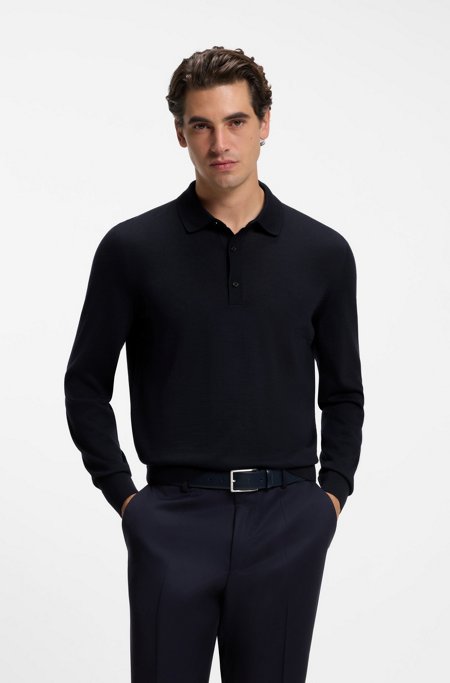 Merino-wool polo sweater, Dark Blue