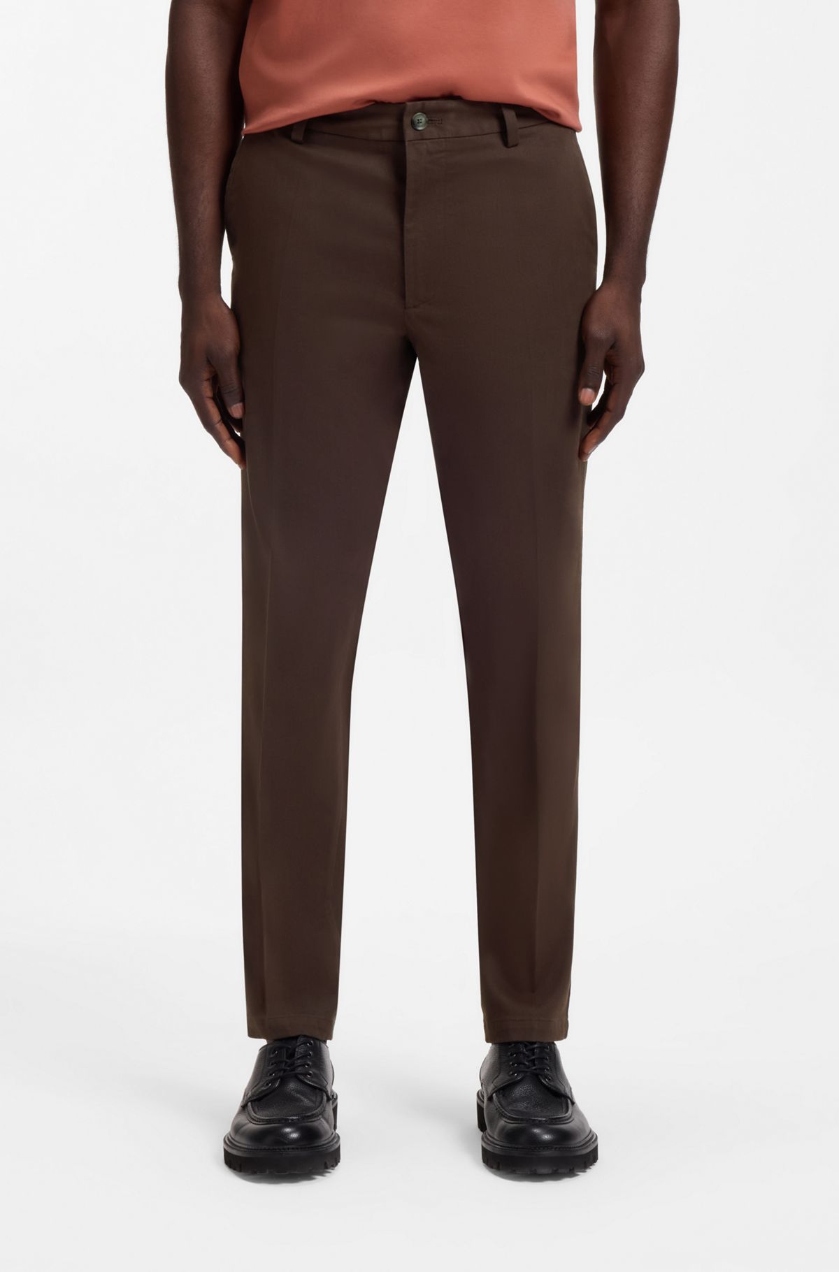 Modern-fit trousers in stretch-cotton twill, Dark Brown