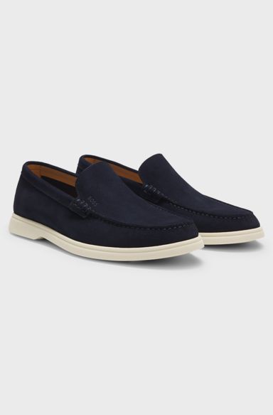 Suede loafers with embossed logo, Dark Blue