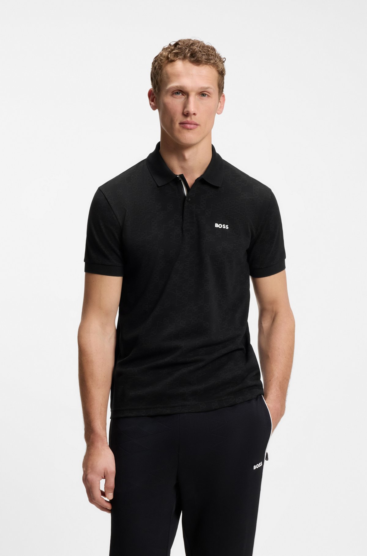 Cotton-piqué polo shirt with all-over print, Black