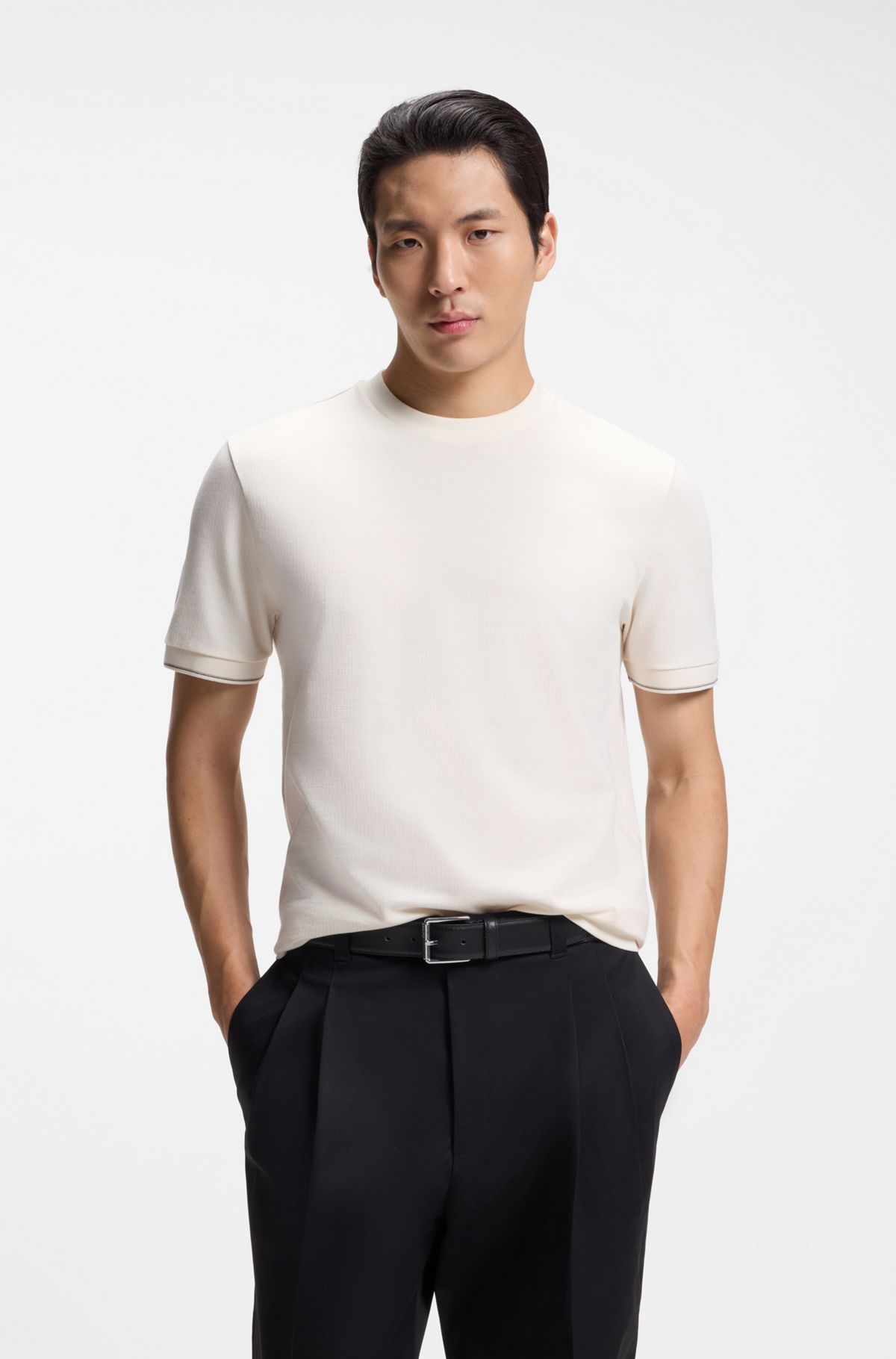 Structured-cotton T-shirt with cuff stripes, Natural