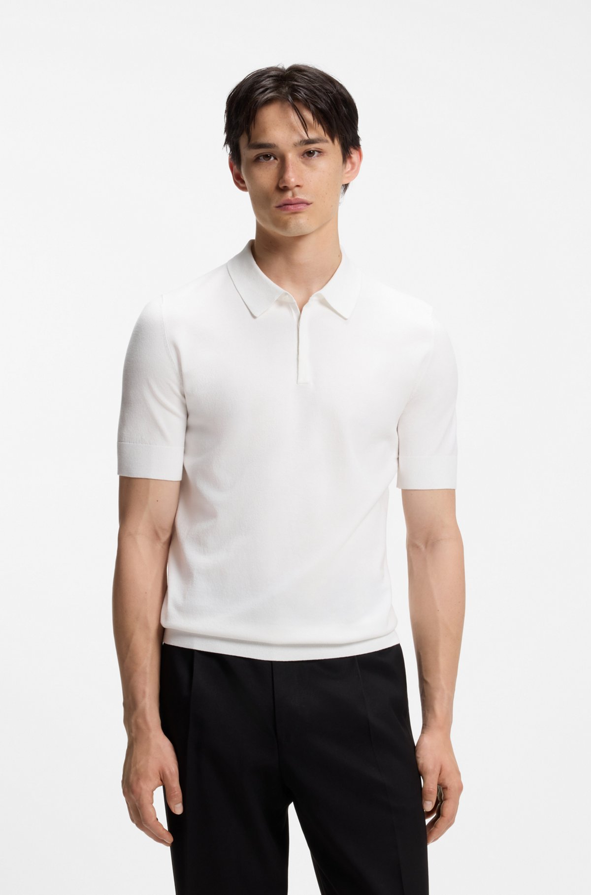 Knit polo with covered placket, Natural