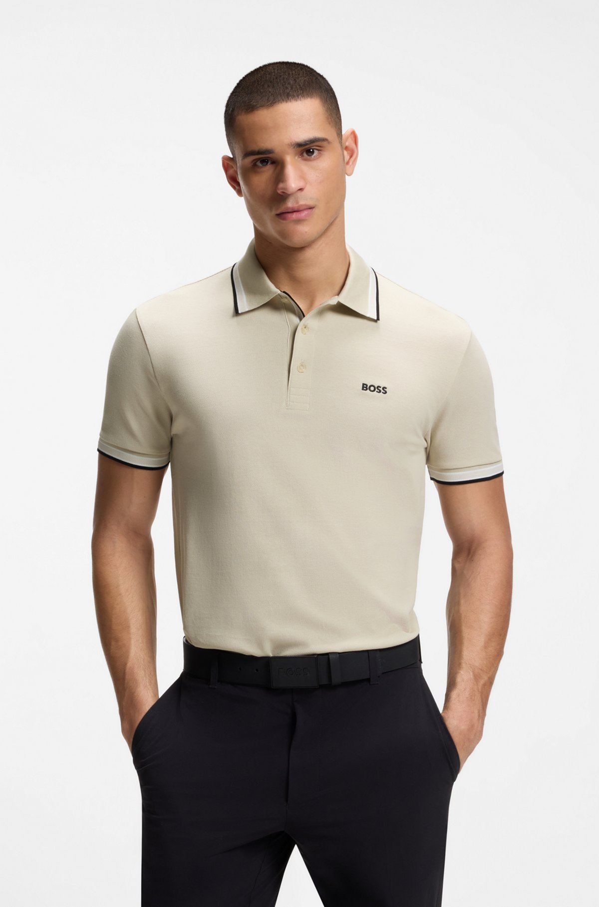 Cotton piqué polo shirt with logo details, Light Beige